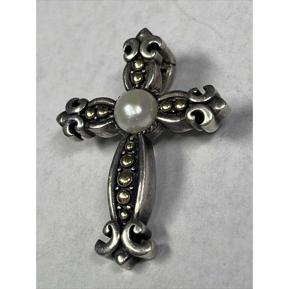 EFFY 18k And Sterling Silver Cross Crucifix Pendant Faux Pearl No Necklace RARE - Picture 3 of 12